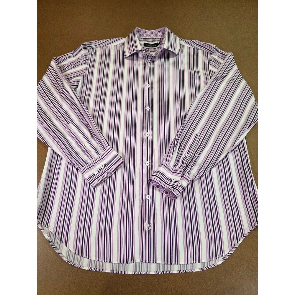 Bugatchi Uomo Mens XL Purple‎ White Striped Cotton Long Sleeve Button Down Shirt